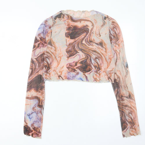 SheIn Womens Orange Geometric Polyester Cropped T-Shirt Size L Crew Neck