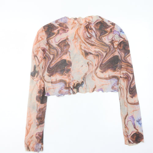 SheIn Womens Orange Geometric Polyester Cropped T-Shirt Size L Crew Neck