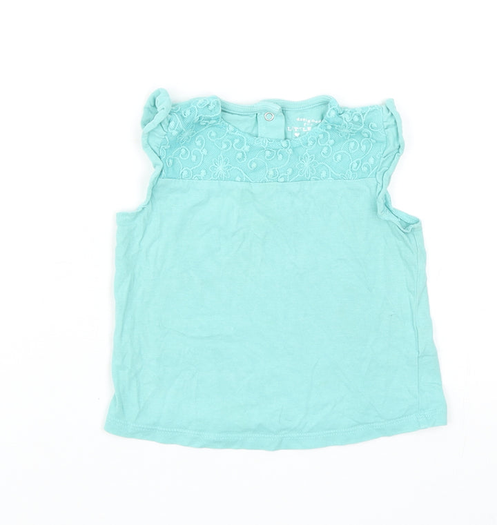 F&F Girls Blue Cotton Basic Tank Size 12-18 Months Round Neck Snap - Lace Detail