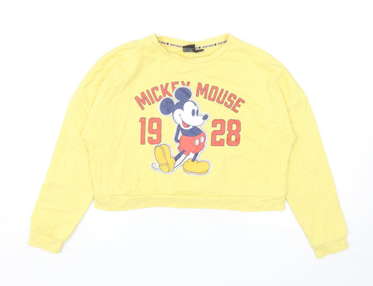Front view of Primark girls’ yellow cotton pullover sweatshirt, size 11-12, years pullover - mickey mouse cropped