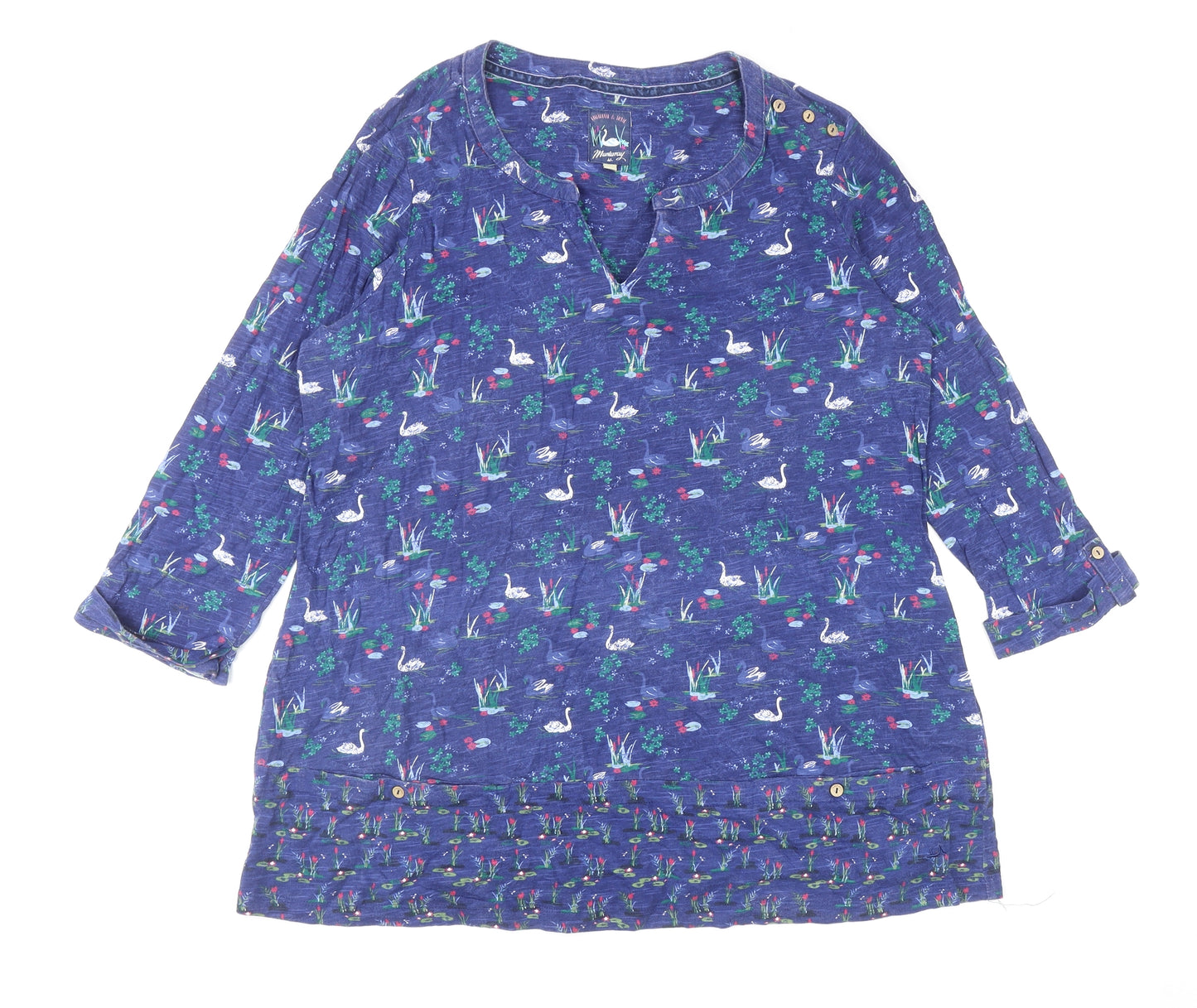 MANTARAY PRODUCTS Womens Blue Floral Cotton Tunic T-Shirt Size 16 V-Neck - Swans