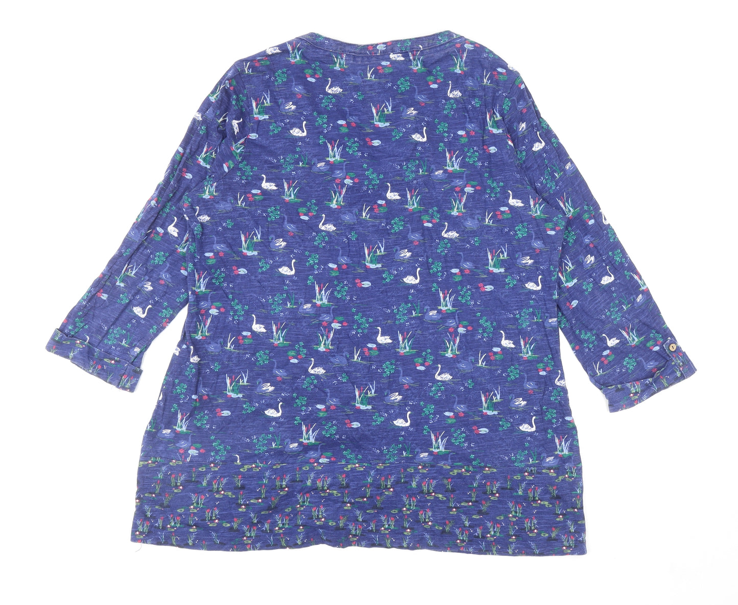 MANTARAY PRODUCTS Womens Blue Floral Cotton Tunic T-Shirt Size 16 V-Neck - Swans
