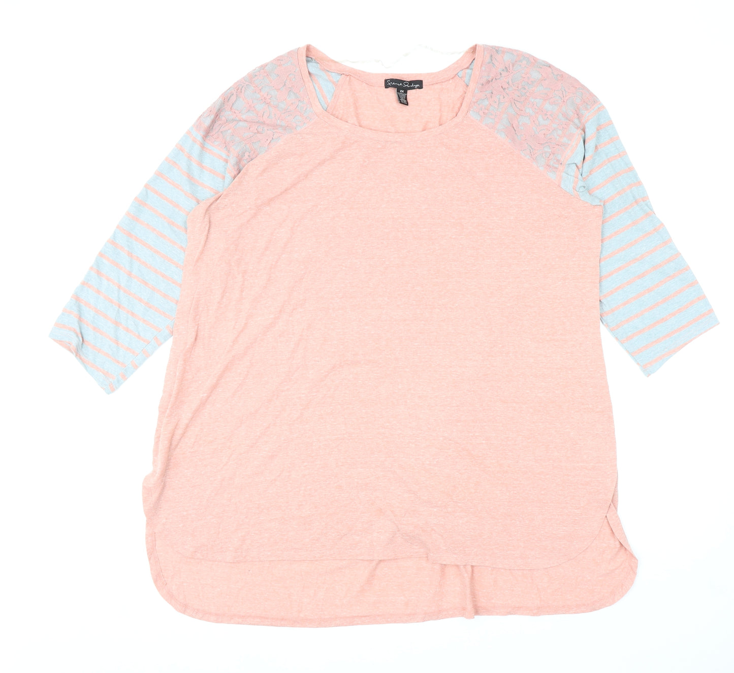 Sundry Clothing Womens Pink Colourblock Cotton Basic T-Shirt Size 2XL Scoop Neck - Lace Detail