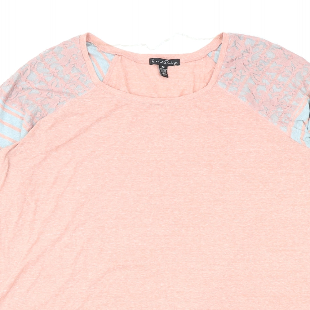 Sundry Clothing Womens Pink Colourblock Cotton Basic T-Shirt Size 2XL Scoop Neck - Lace Detail