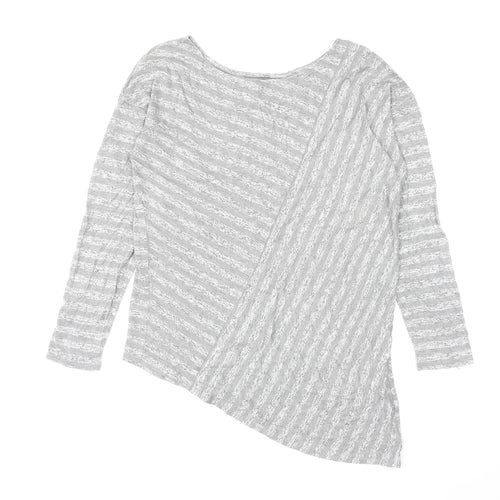 Retro-ology Womens Grey Striped Cotton Basic T-Shirt Size M Boat Neck - Asymmetric