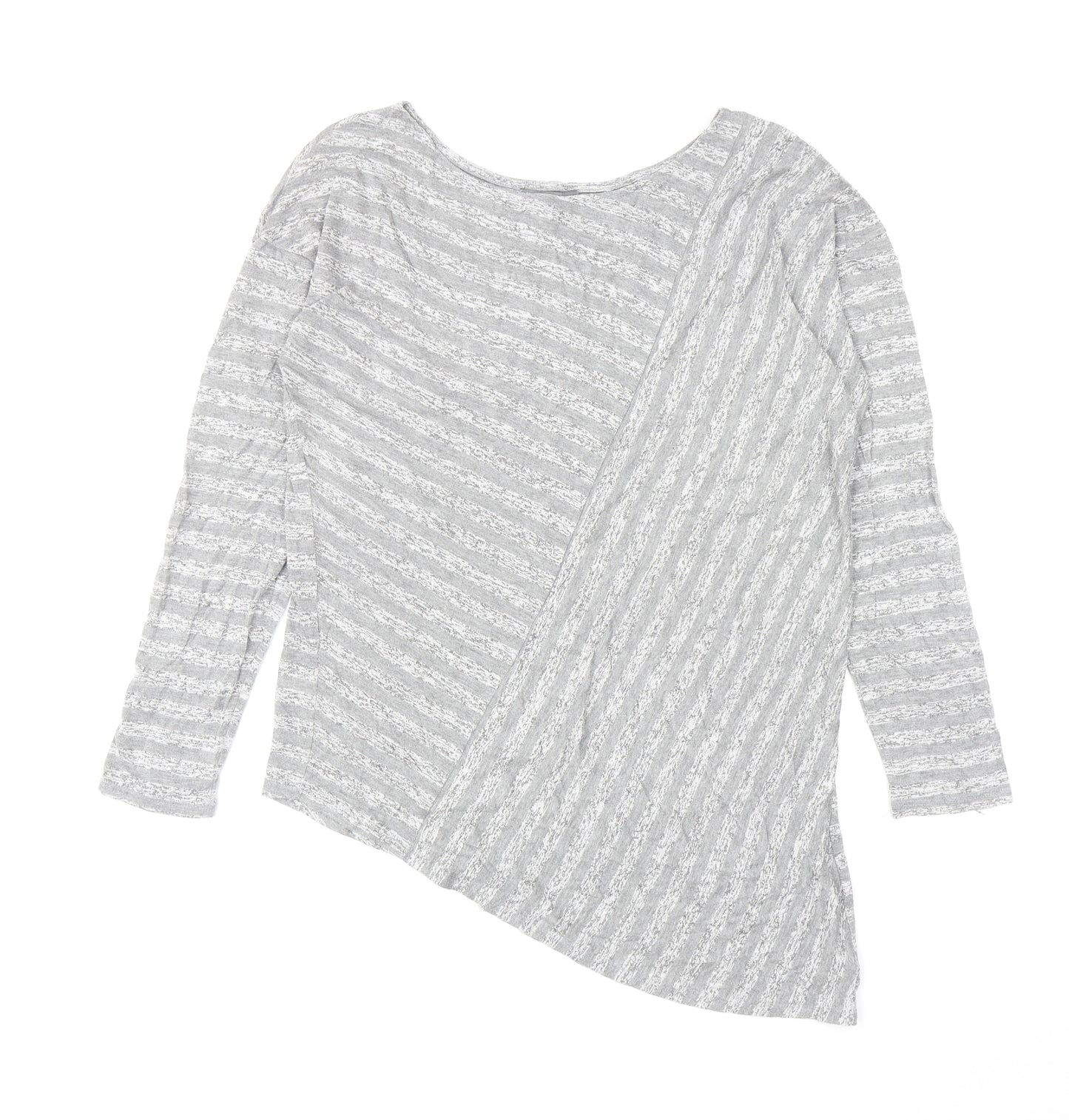 Retro-ology Womens Grey Striped Cotton Basic T-Shirt Size M Boat Neck - Asymmetric