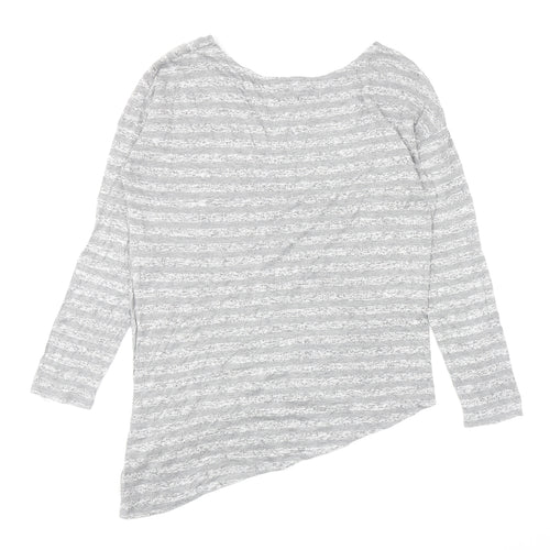Retro-ology Womens Grey Striped Cotton Basic T-Shirt Size M Boat Neck - Asymmetric