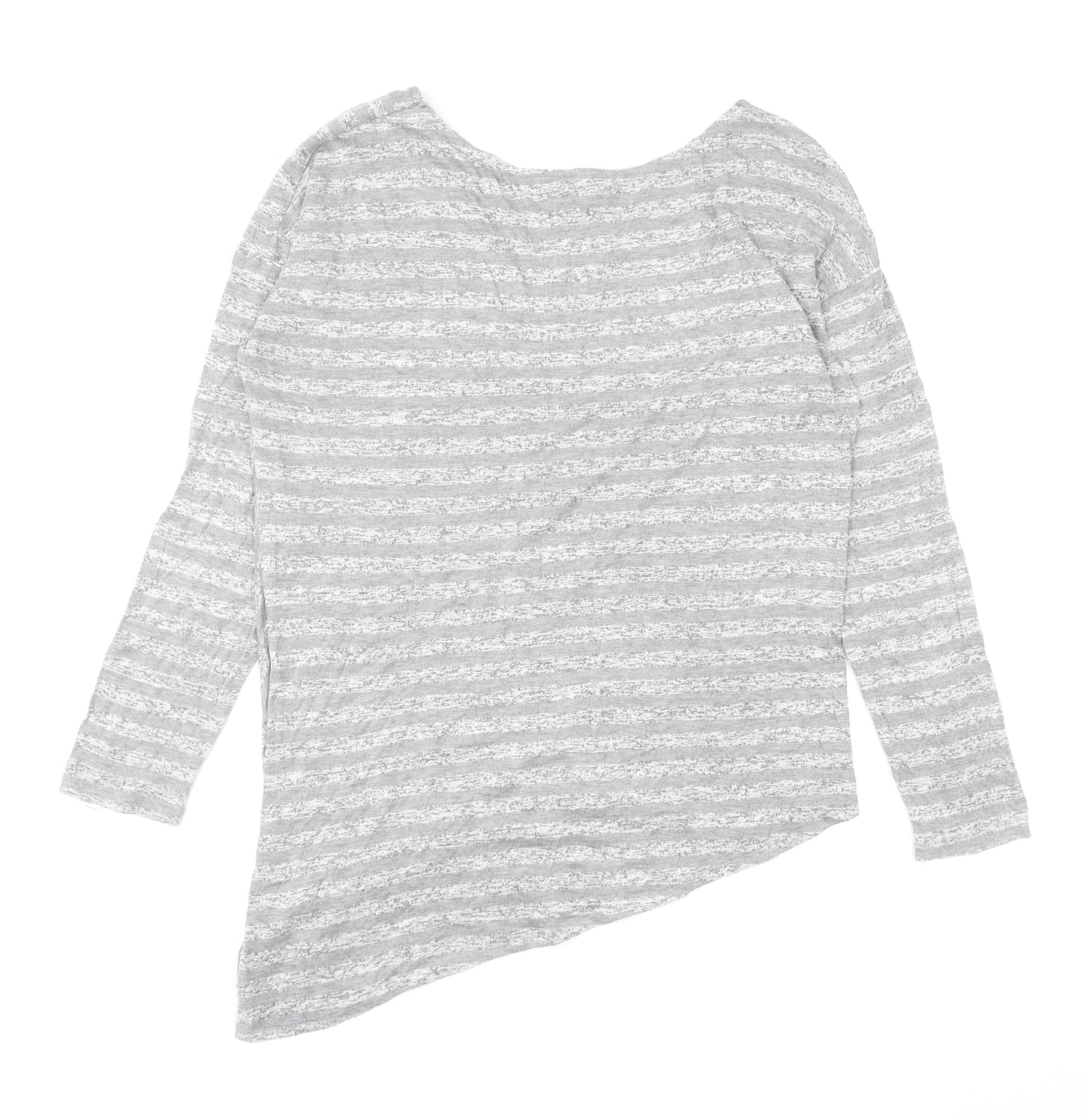 Retro-ology Womens Grey Striped Cotton Basic T-Shirt Size M Boat Neck - Asymmetric