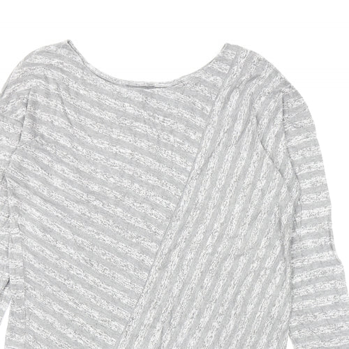 Retro-ology Womens Grey Striped Cotton Basic T-Shirt Size M Boat Neck - Asymmetric