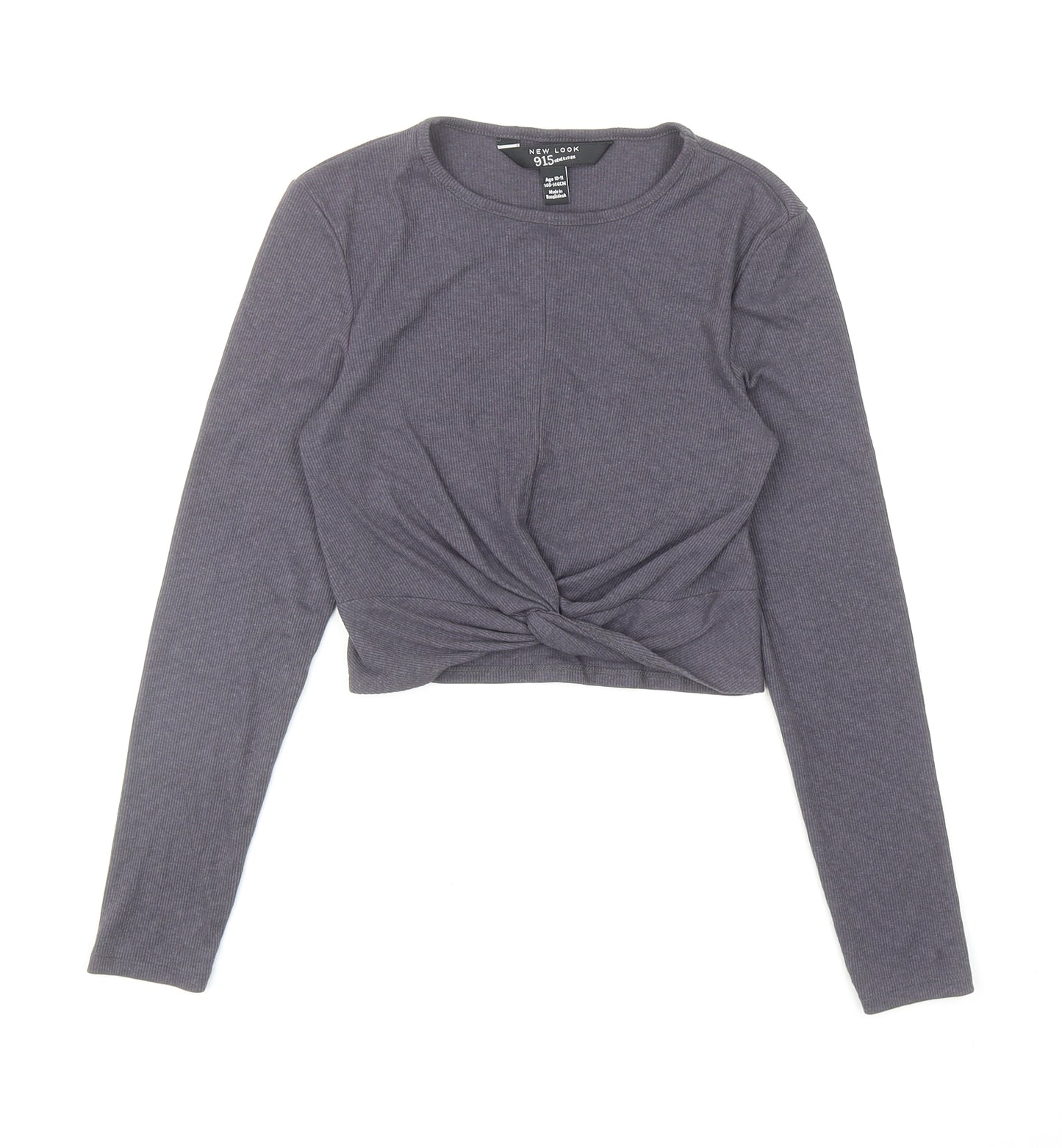 New Look Girls Grey Cotton Cropped T-Shirt Size 10-11 Years Boat Neck Pullover - Twist Detail