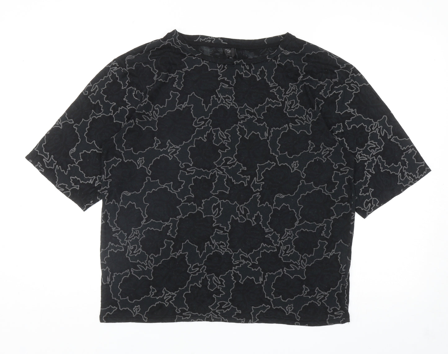 Topshop Womens Black Floral Polyester Basic T-Shirt Size S Boat Neck