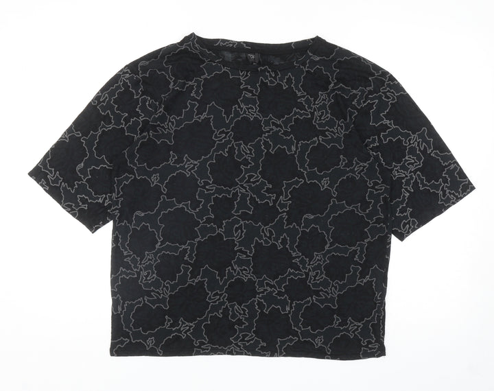 Topshop Womens Black Floral Polyester Basic T-Shirt Size S Boat Neck