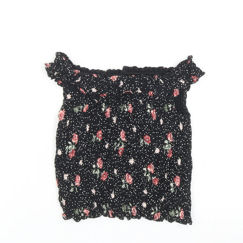 NEXT Girls Black Polka Dot Cotton Cropped T-Shirt Size 9 Years Off the Shoulder Pullover - Floral