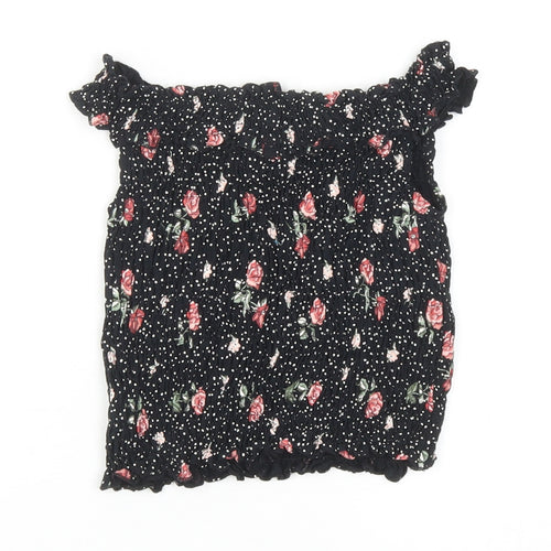 NEXT Girls Black Polka Dot Cotton Cropped T-Shirt Size 9 Years Off the Shoulder Pullover - Floral