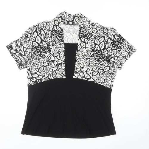 BASSINI Womens Black Floral Polyester Basic Blouse Size 14 Square Neck