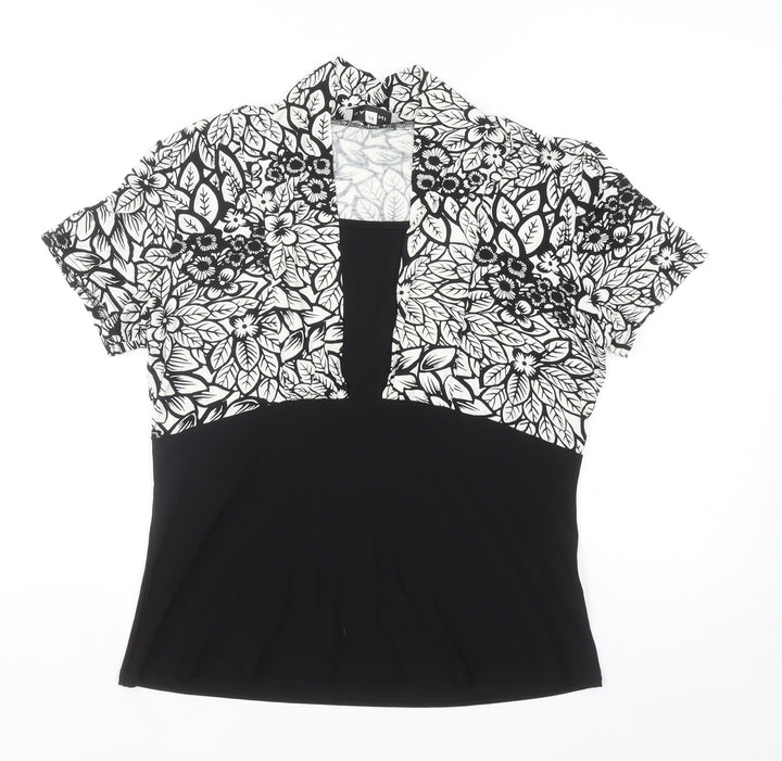 BASSINI Womens Black Floral Polyester Basic Blouse Size 14 Square Neck