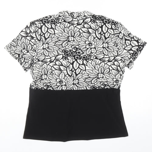 BASSINI Womens Black Floral Polyester Basic Blouse Size 14 Square Neck