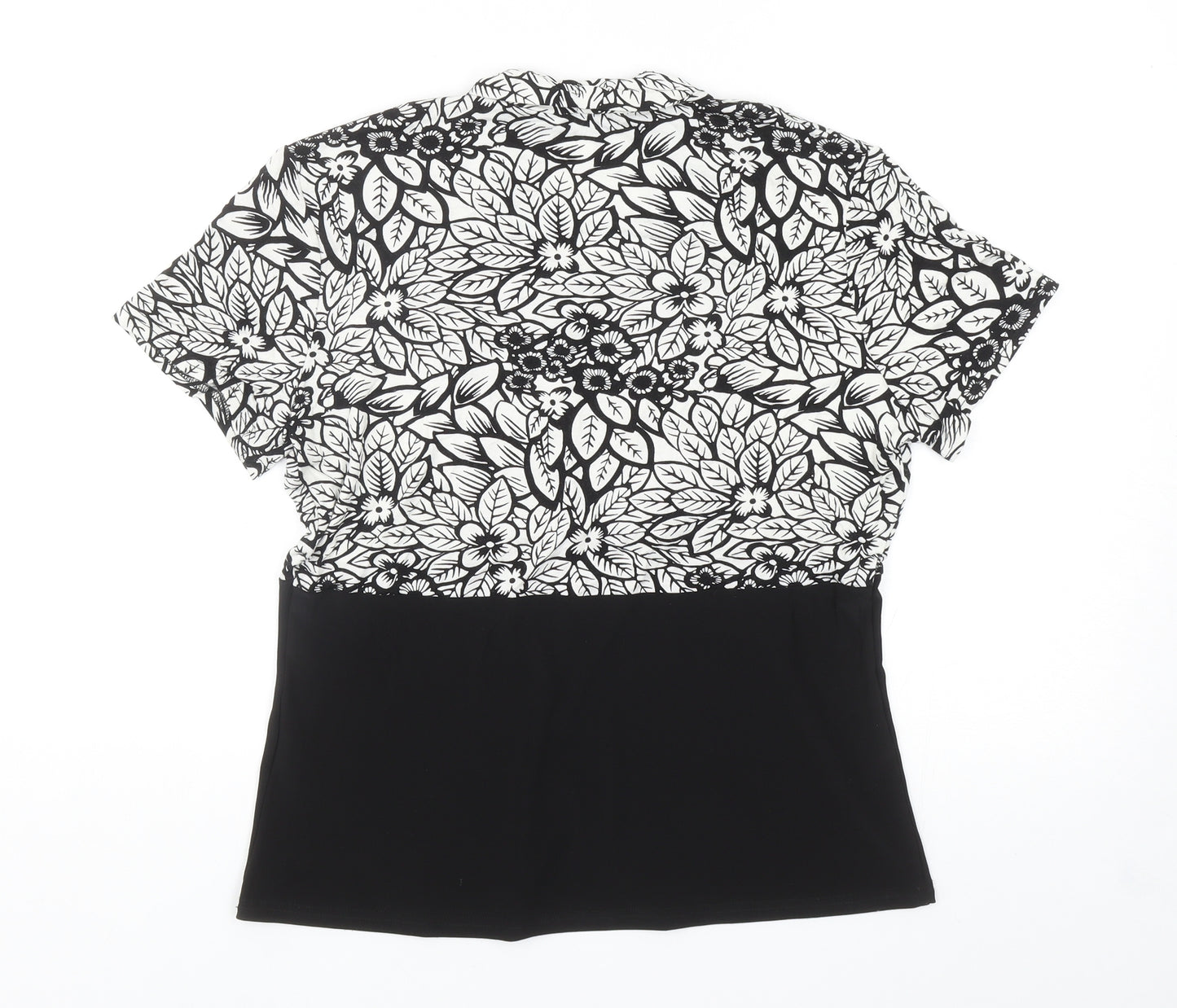 BASSINI Womens Black Floral Polyester Basic Blouse Size 14 Square Neck