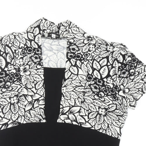 BASSINI Womens Black Floral Polyester Basic Blouse Size 14 Square Neck
