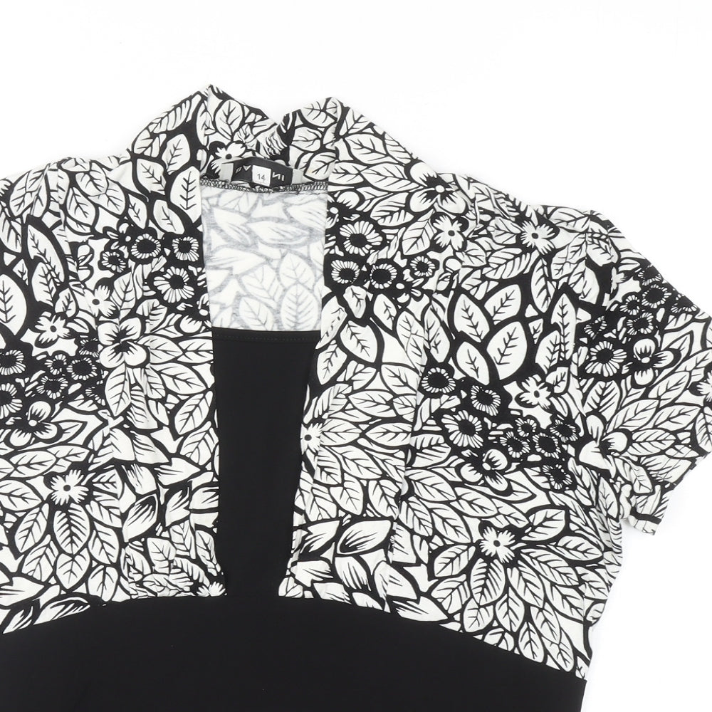 BASSINI Womens Black Floral Polyester Basic Blouse Size 14 Square Neck