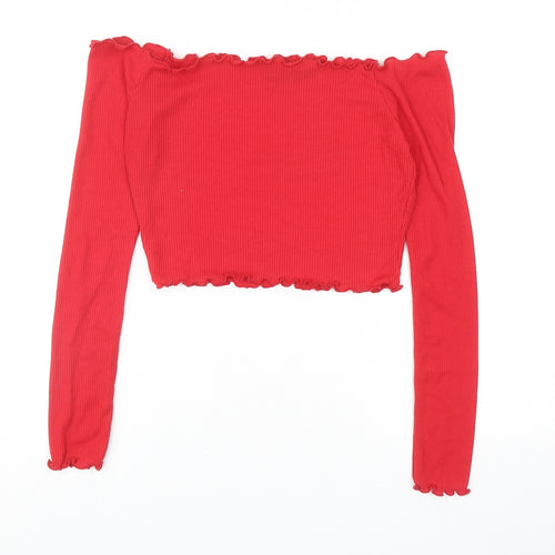 PRETTYLITTLETHING Womens Red Polyester Cropped T-Shirt Size 8 Off the Shoulder - Ribbed