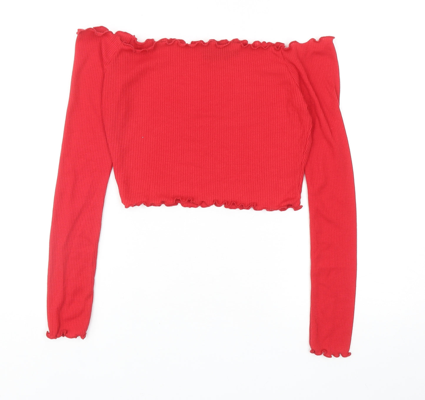 PRETTYLITTLETHING Womens Red Polyester Cropped T-Shirt Size 8 Off the Shoulder - Ribbed