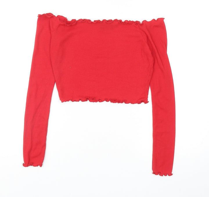 PRETTYLITTLETHING Womens Red Polyester Cropped T-Shirt Size 8 Off the Shoulder - Ribbed