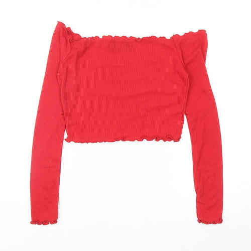 PRETTYLITTLETHING Womens Red Polyester Cropped T-Shirt Size 8 Off the Shoulder - Ribbed