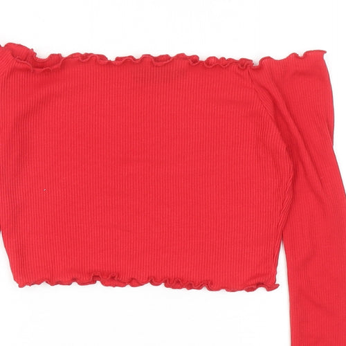 PRETTYLITTLETHING Womens Red Polyester Cropped T-Shirt Size 8 Off the Shoulder - Ribbed