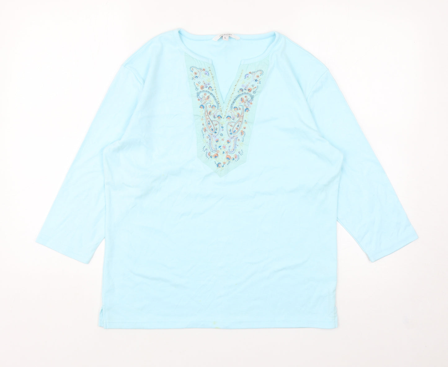 Image Womens Blue Cotton Basic T-Shirt Size L V-Neck - Embroidered Neckline