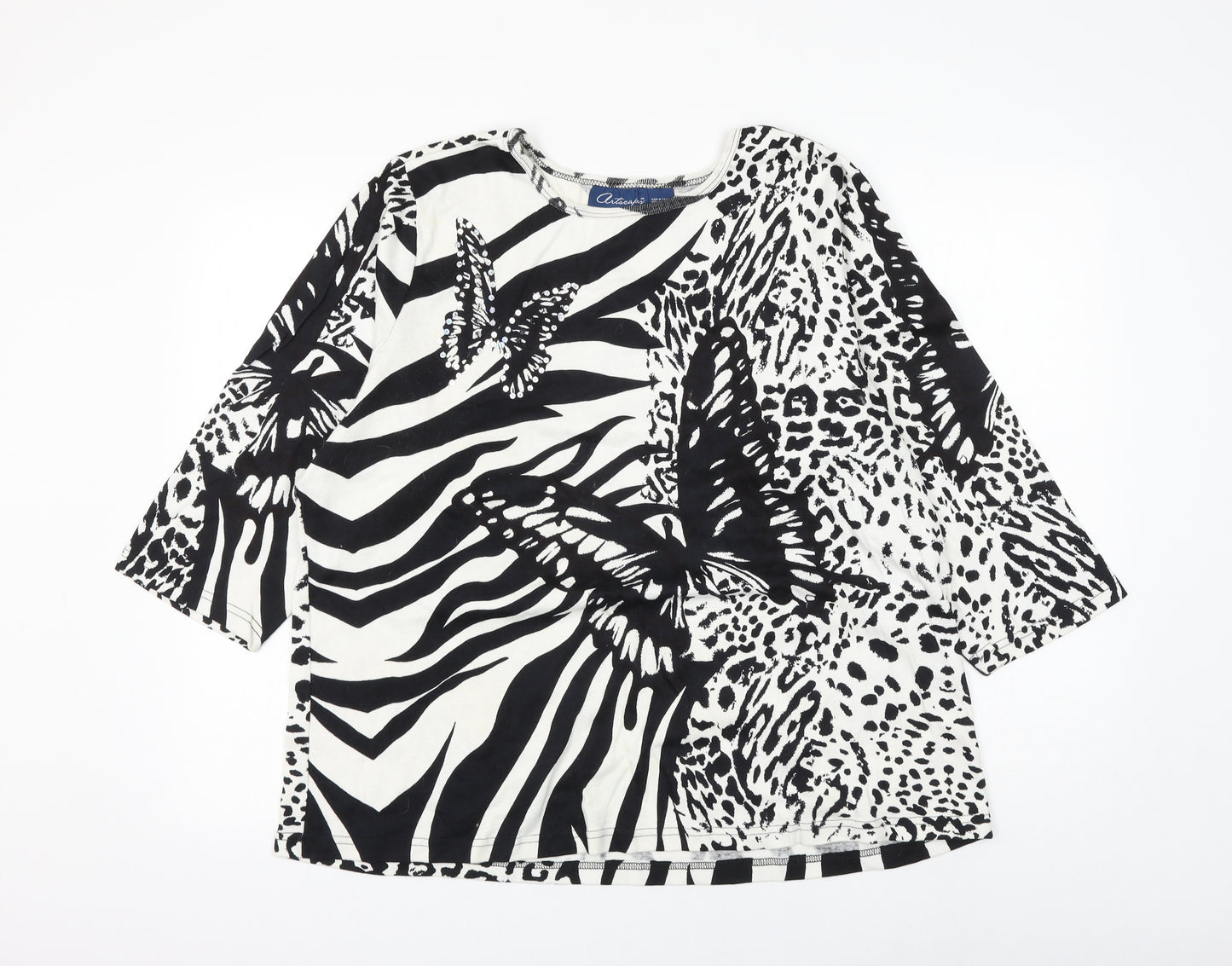 Artocapsea Womens White Animal Print Cotton Basic Blouse Size 2XL Round Neck - Leopard Print Butterfly