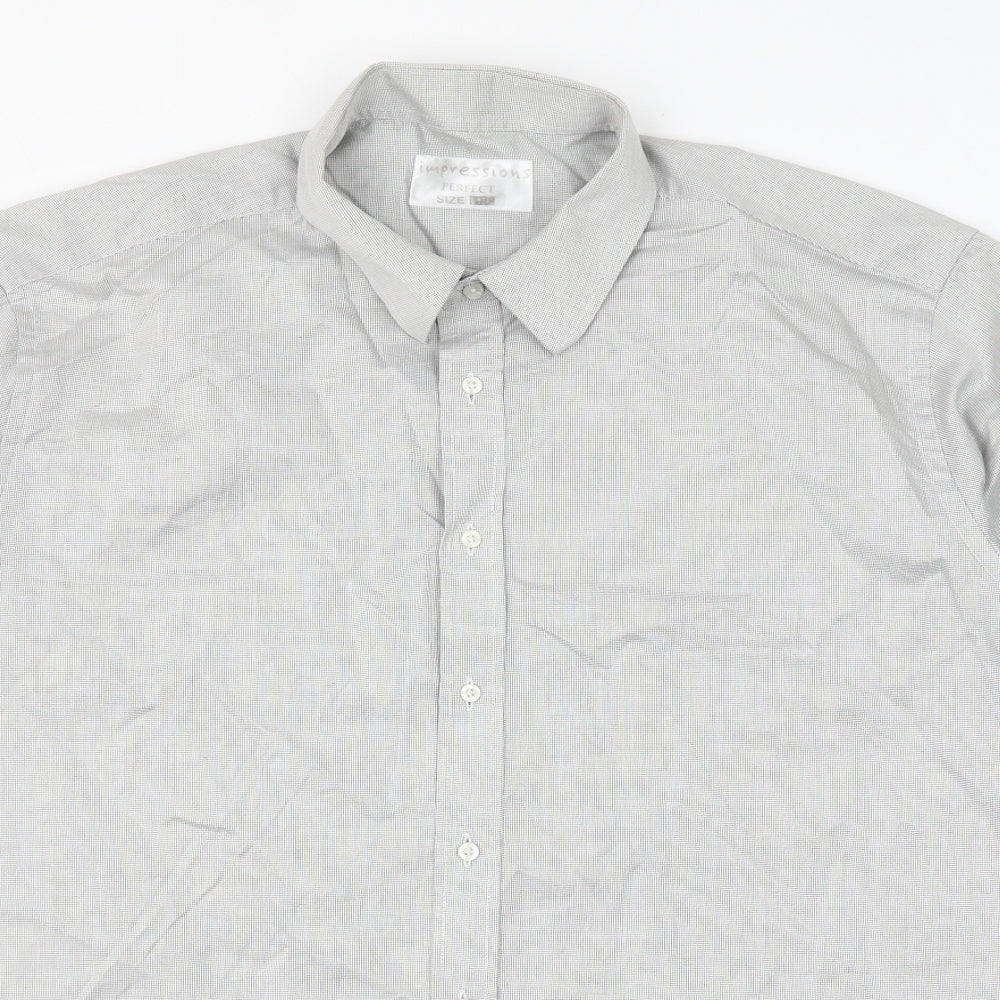 Impressions Mens Grey Cotton Button-Up Size 17 Collared Button