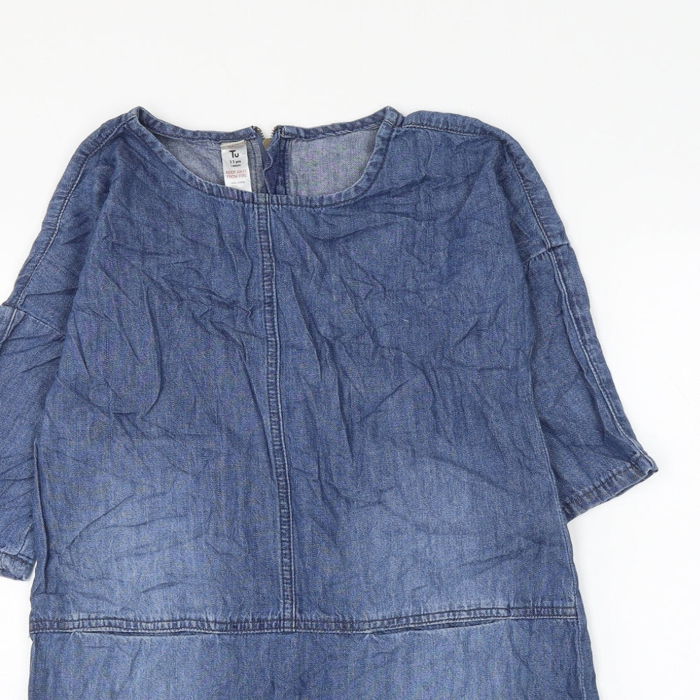 TU Girls Blue Cotton Shift Size 11 Years Round Neck Zip
