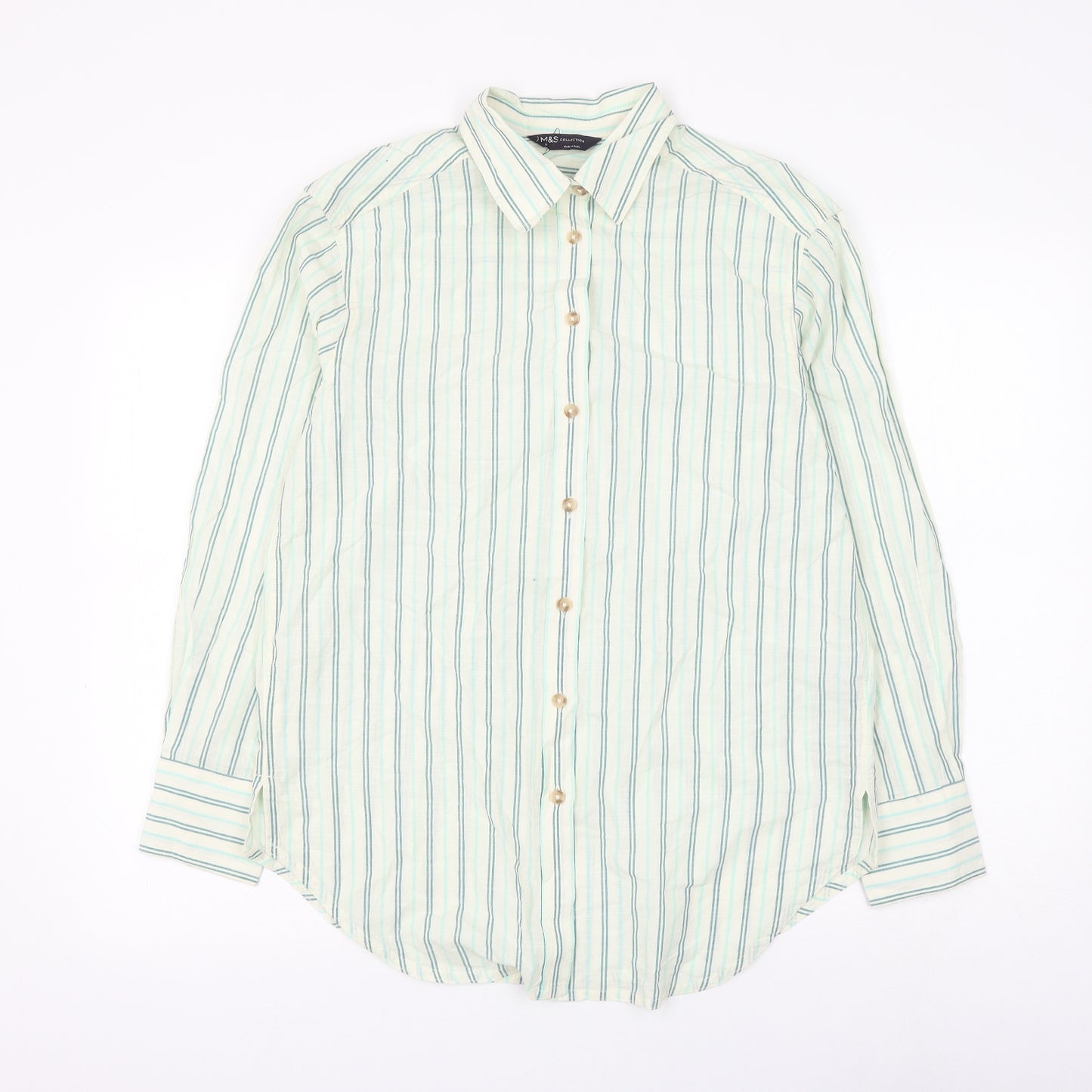 Marks and Spencer Womens White Striped Cotton Basic Button-Up Size 8 Collared
