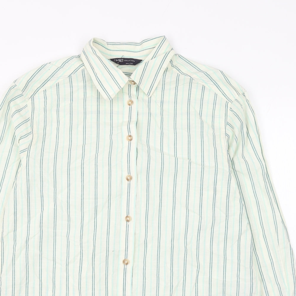 Marks and Spencer Womens White Striped Cotton Basic Button-Up Size 8 Collared