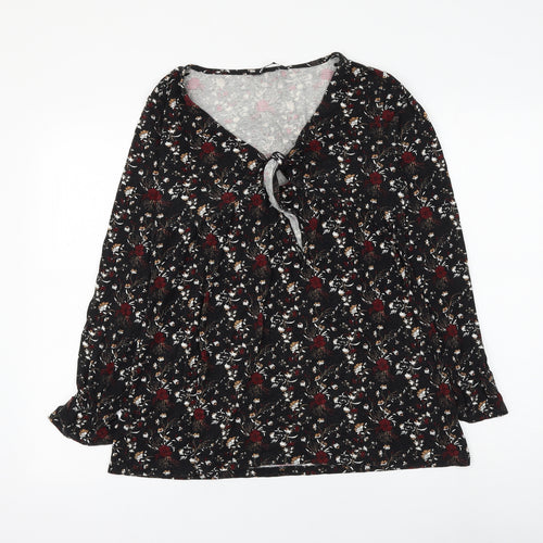 PEP&CO Womens Black Floral Viscose Basic Blouse Size 8 V-Neck - Knot Front
