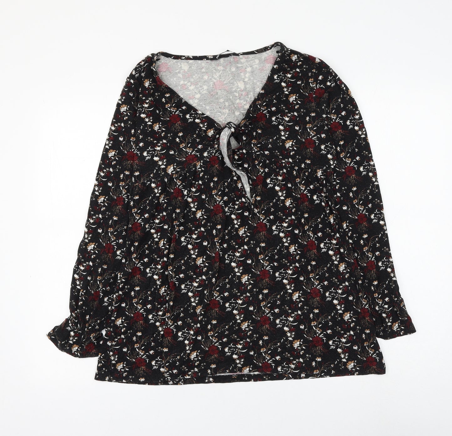 PEP&CO Womens Black Floral Viscose Basic Blouse Size 8 V-Neck - Knot Front