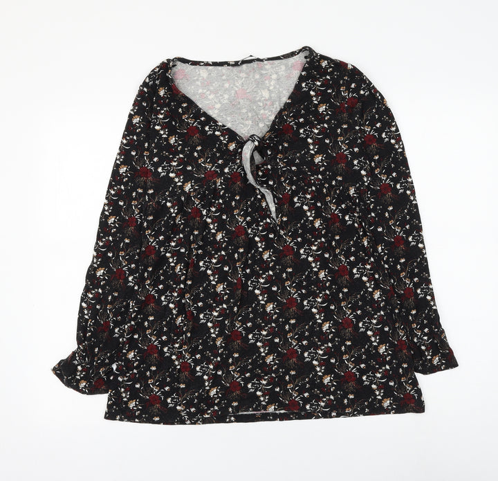 PEP&CO Womens Black Floral Viscose Basic Blouse Size 8 V-Neck - Knot Front