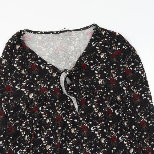 PEP&CO Womens Black Floral Viscose Basic Blouse Size 8 V-Neck - Knot Front