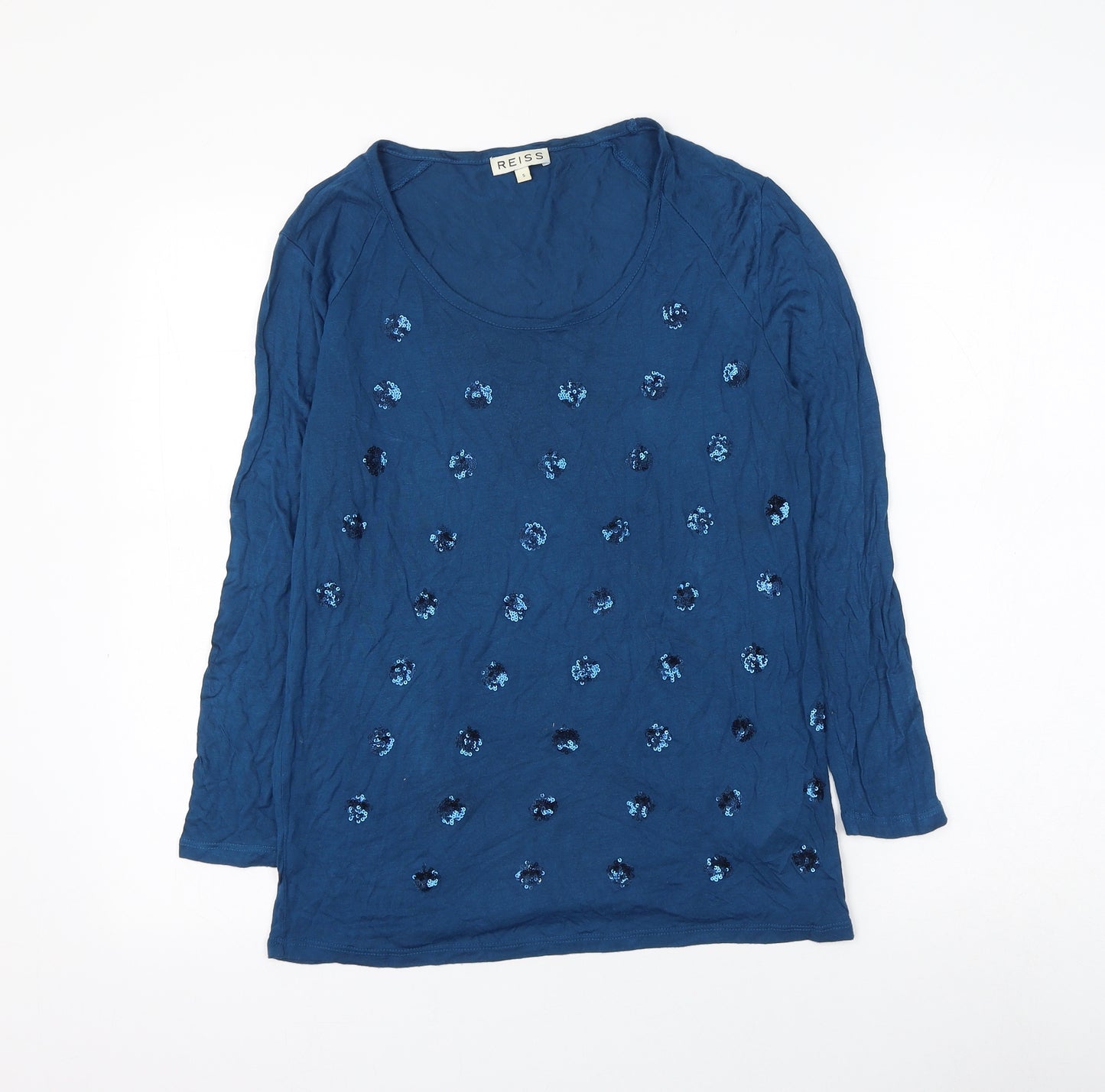 Reiss Womens Blue Polka Dot Viscose Basic T-Shirt Size S Scoop Neck