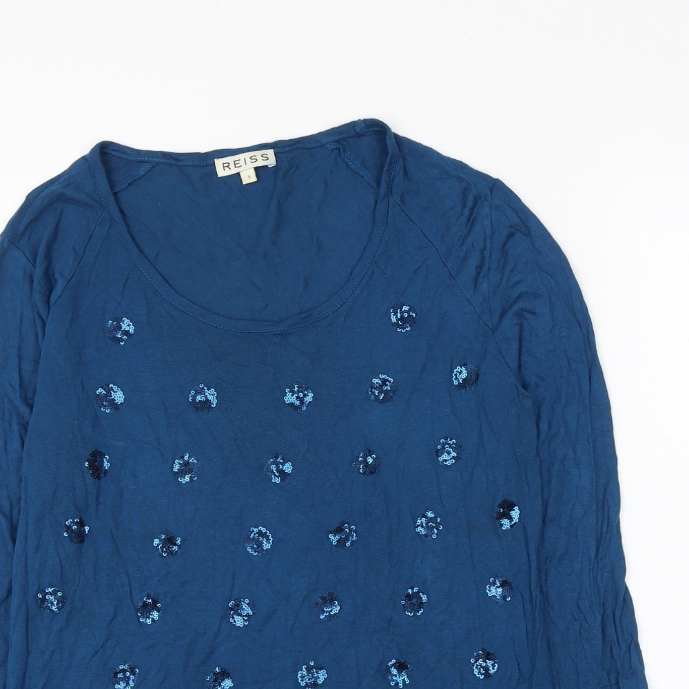 Reiss Womens Blue Polka Dot Viscose Basic T-Shirt Size S Scoop Neck