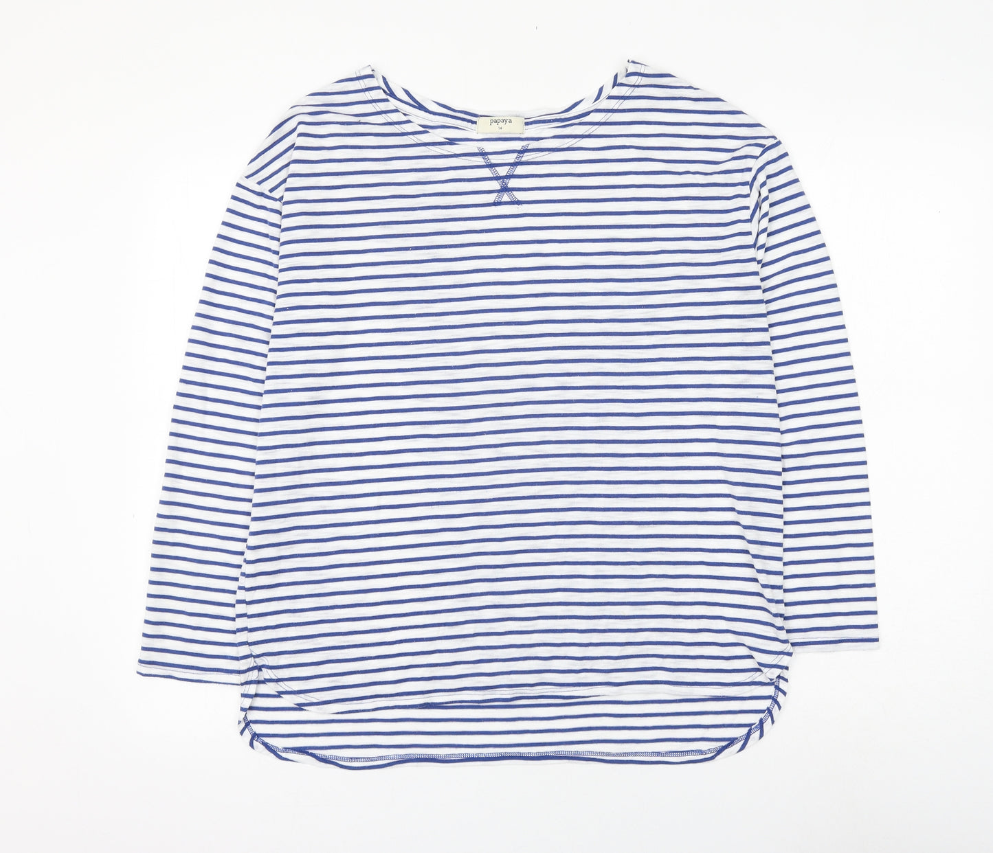 Papaya Womens White Striped Polyester Basic T-Shirt Size 14 Round Neck