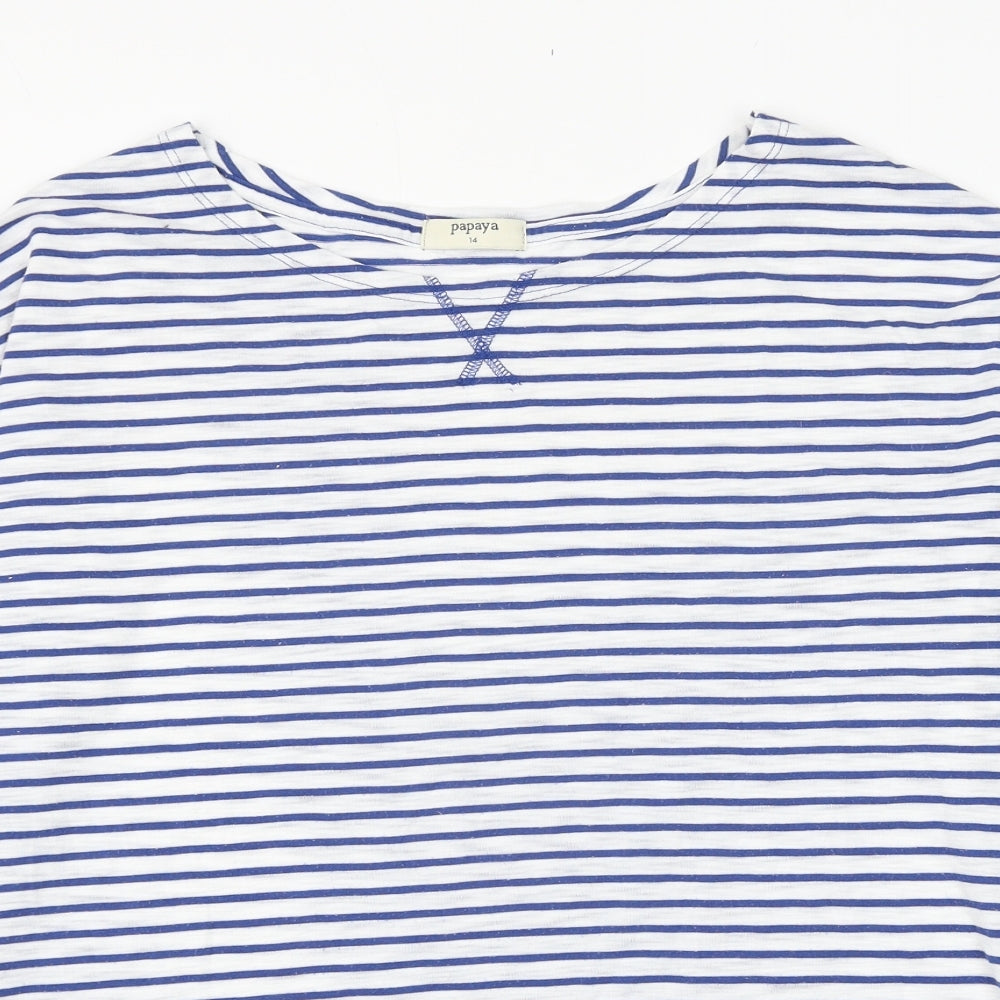 Papaya Womens White Striped Polyester Basic T-Shirt Size 14 Round Neck