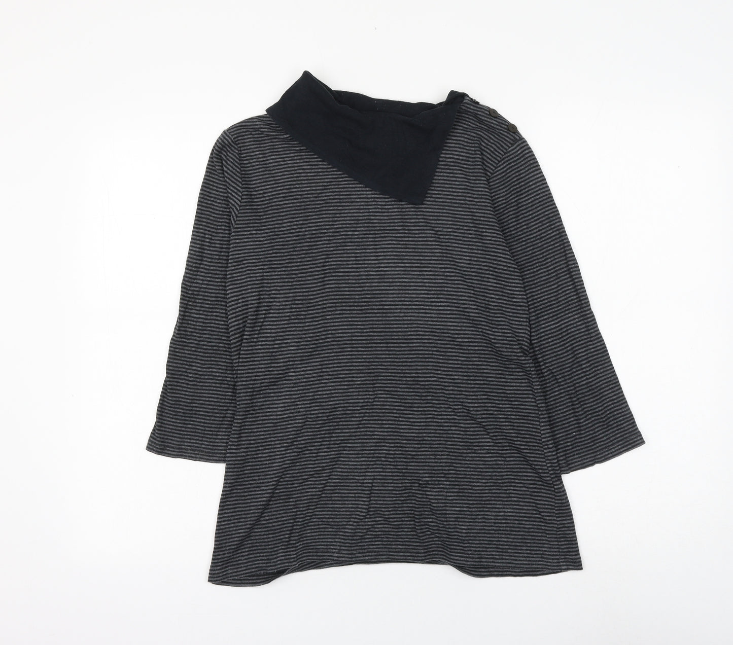 Marks and Spencer Womens Grey Striped Cotton Basic Blouse Size 12 Roll Neck