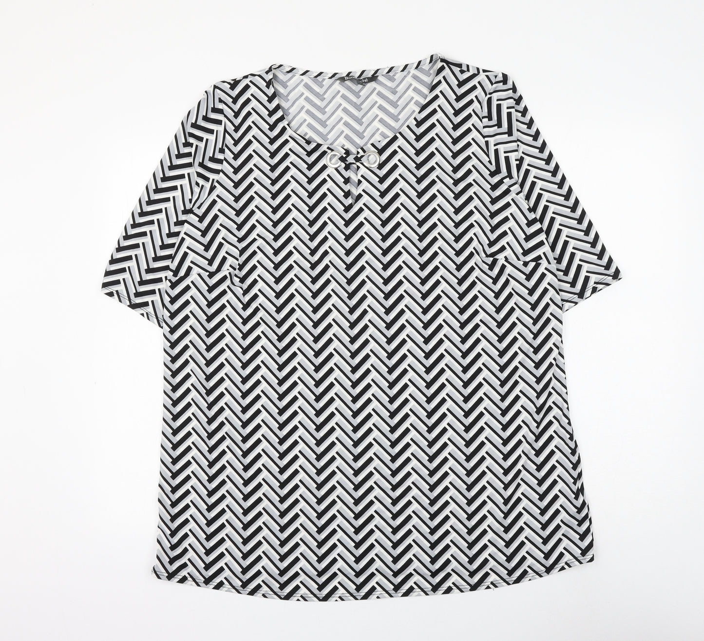 Bonmarché Womens Grey Geometric Polyester Basic Blouse Size 18 Scoop Neck