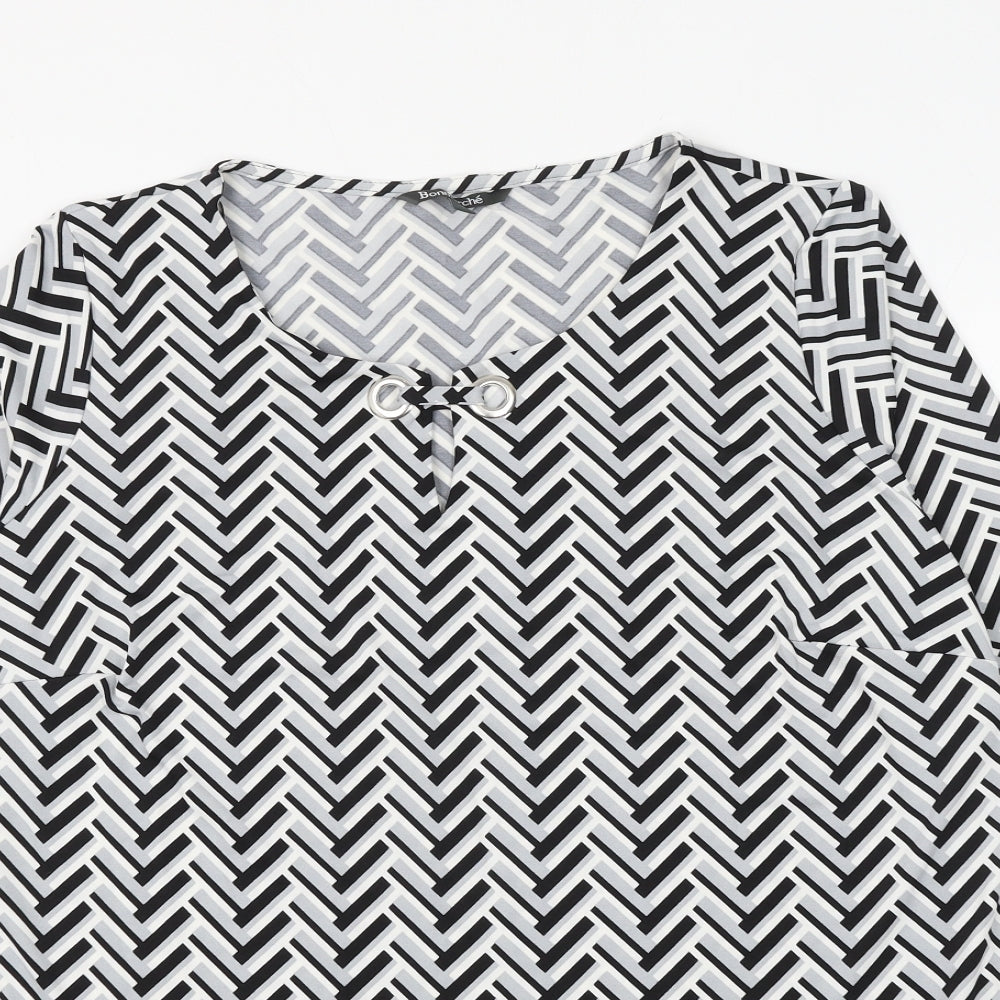 Bonmarché Womens Grey Geometric Polyester Basic Blouse Size 18 Scoop Neck