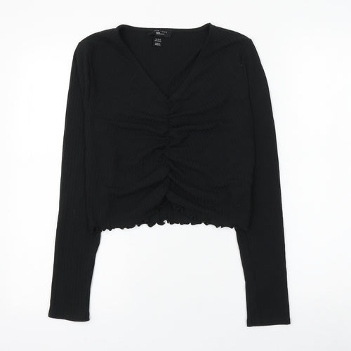 newloo Girls Black Polyester Cropped Blouse Size 14-15 Years V-Neck Pullover - Ruched