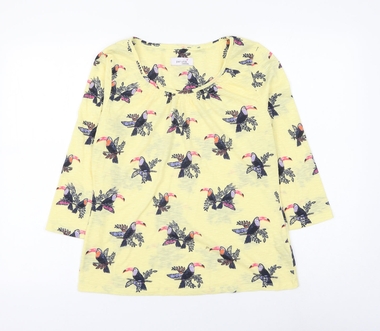 Marks and Spencer Womens Yellow Geometric Polyester Basic T-Shirt Size 12 Scoop Neck - Toucan