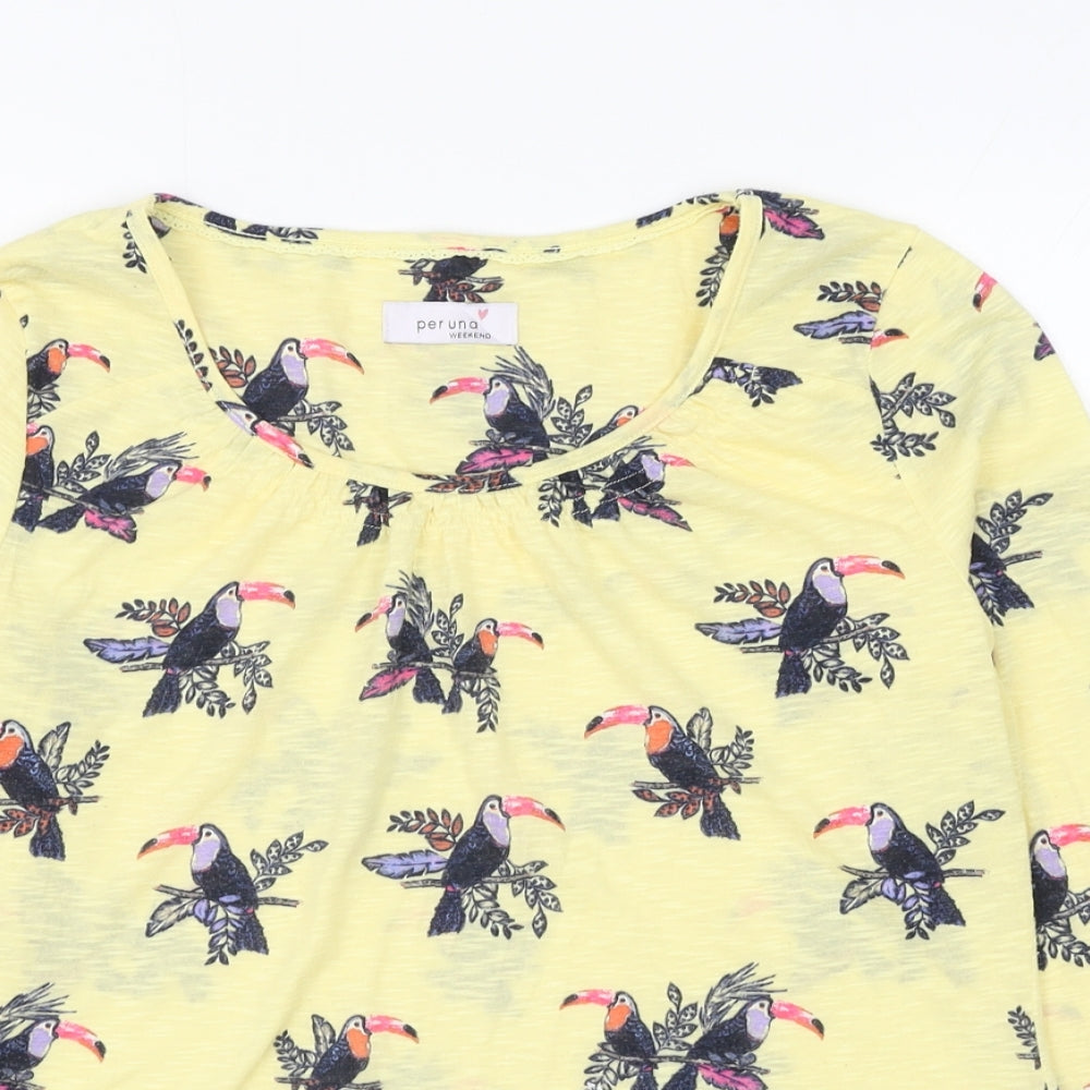 Marks and Spencer Womens Yellow Geometric Polyester Basic T-Shirt Size 12 Scoop Neck - Toucan