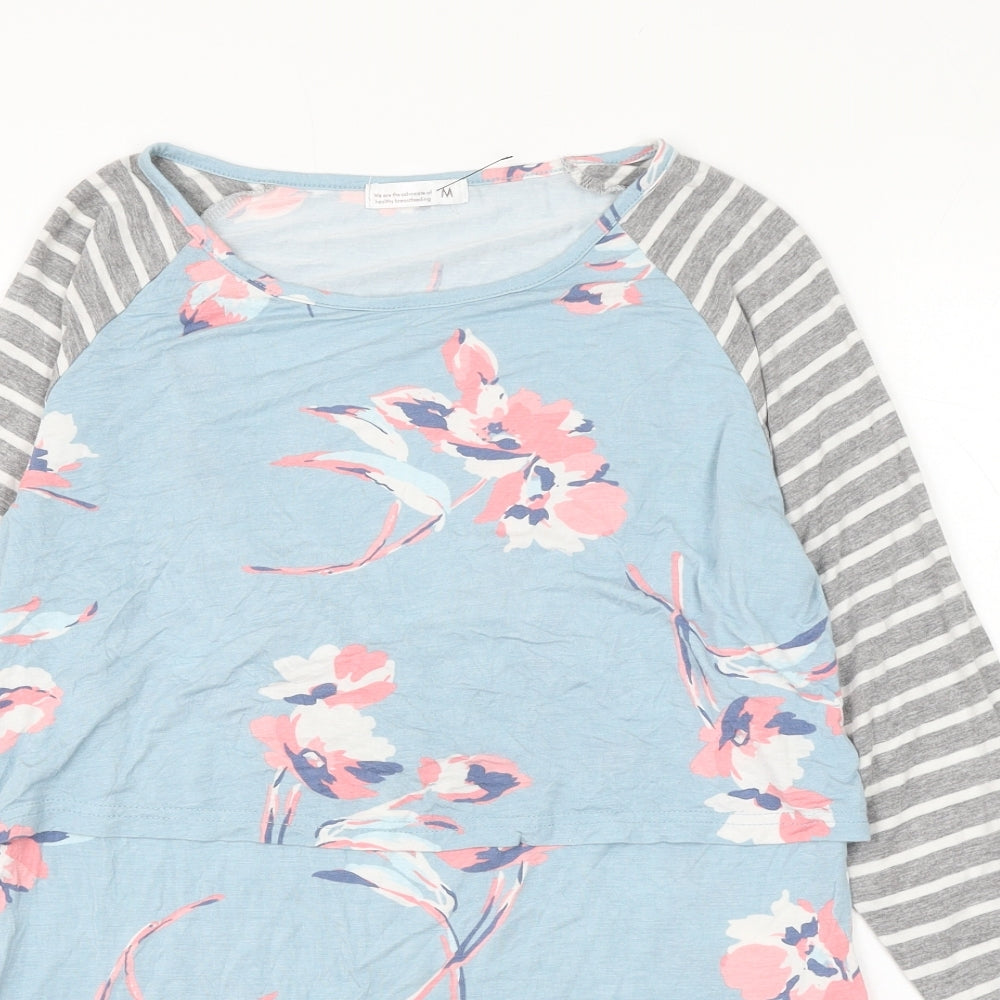 Preworn Womens Blue Floral Viscose Basic T-Shirt Size M Round Neck